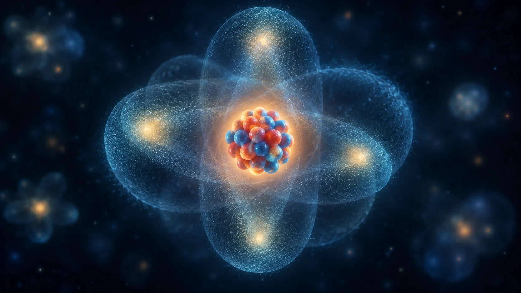 Atomic nucleus surrounded by softly glowing electron-cloud orbitals