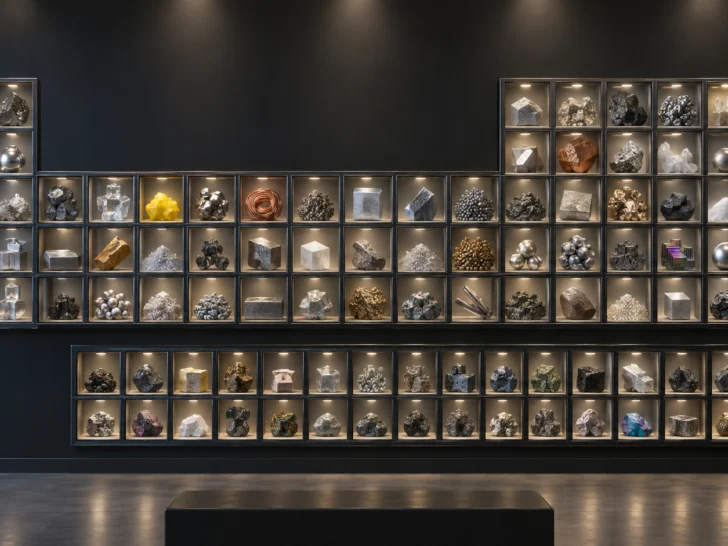 Element specimens arranged in the familiar shape of the periodic table