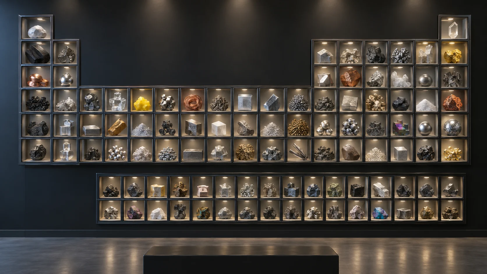 Element specimens arranged in the familiar shape of the periodic table