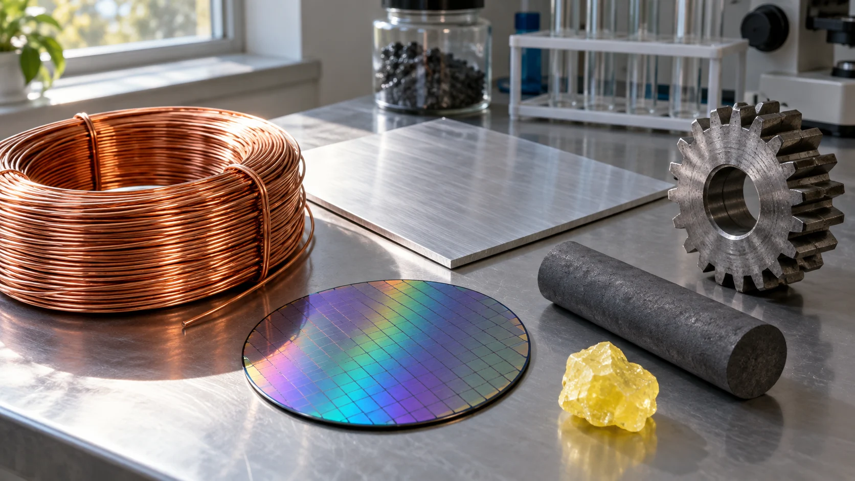Copper aluminum silicon graphite sulfur and iron on a laboratory bench