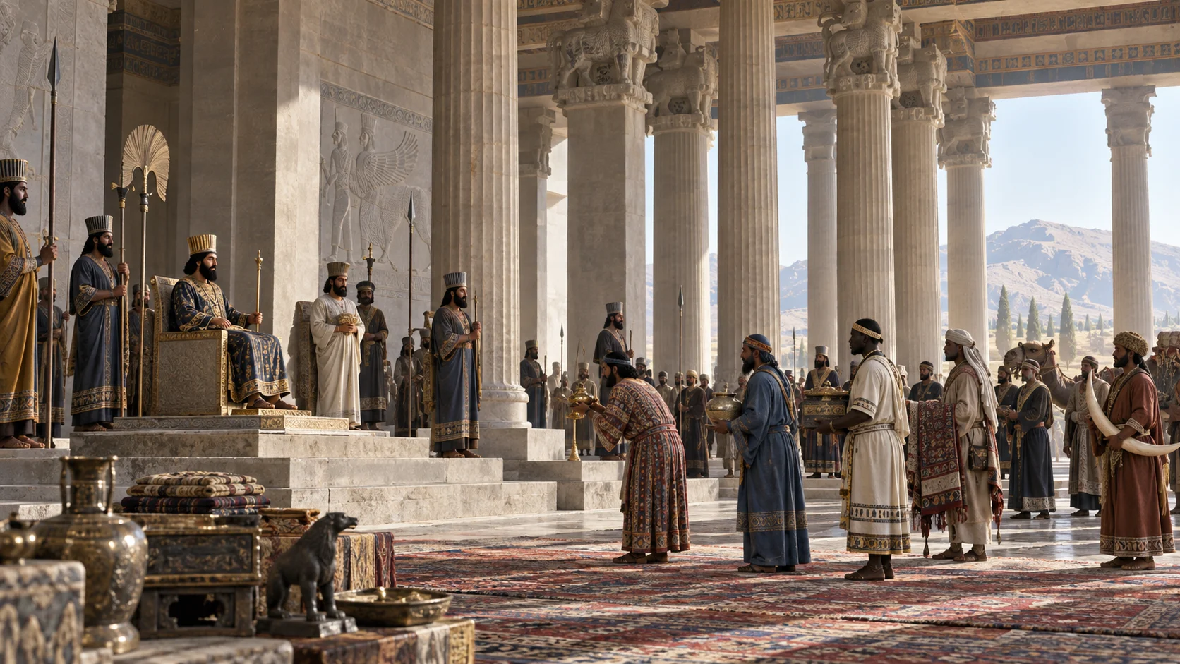 Regional envoys entering a columned Achaemenid palace audience