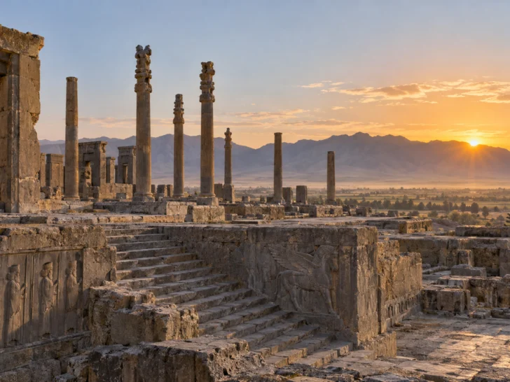 Stone stairways and columns of Persepolis glowing at sunrise