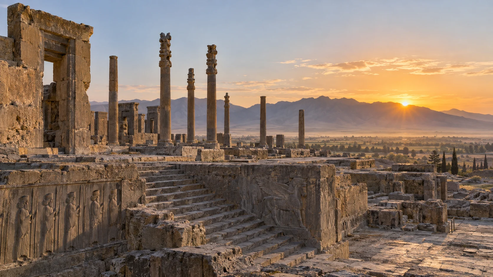 Stone stairways and columns of Persepolis glowing at sunrise