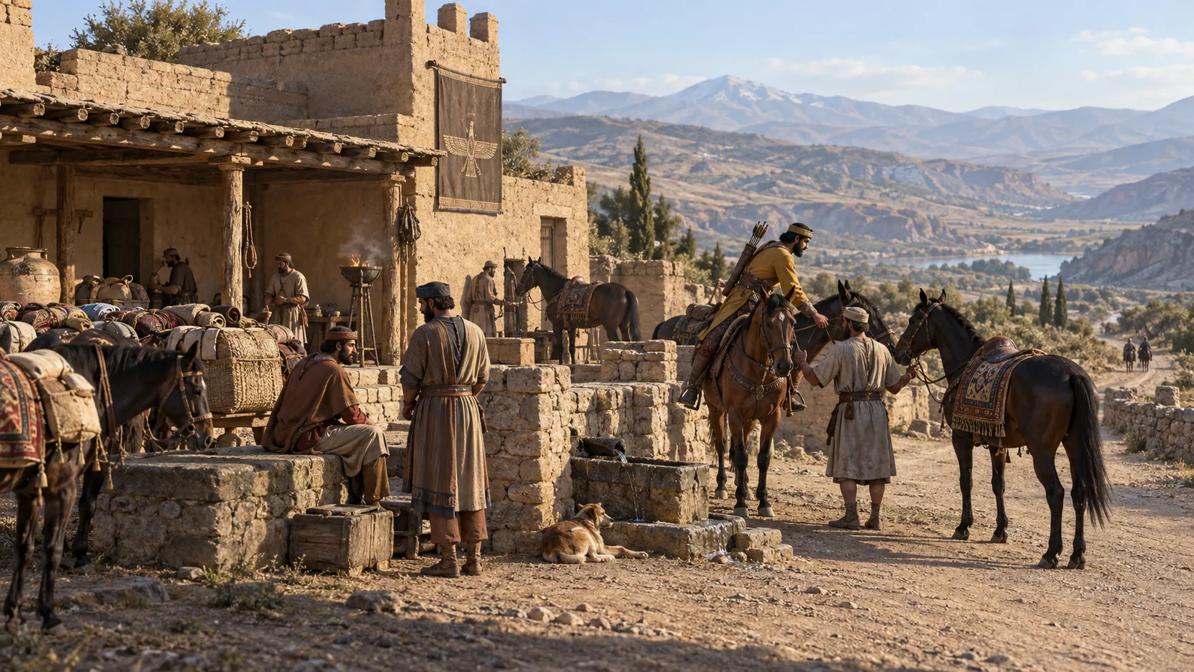 Achaemenid courier changing horses at a Royal Road waystation