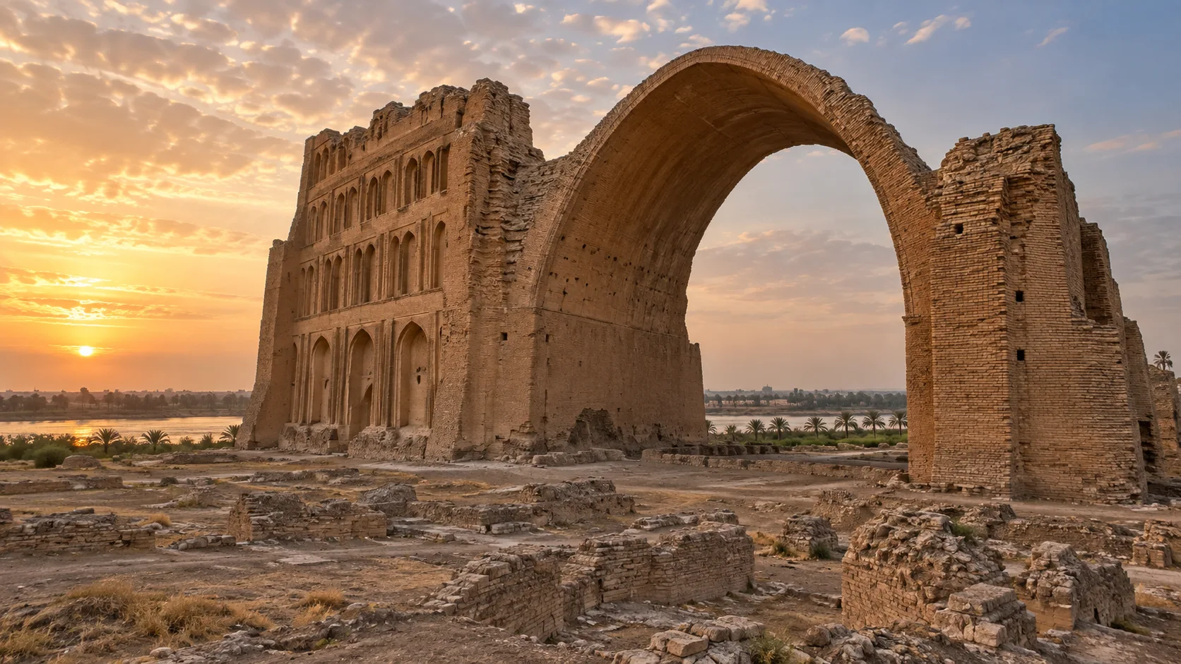 Great brick arch of Taq Kasra rising above the ruins of Ctesiphon