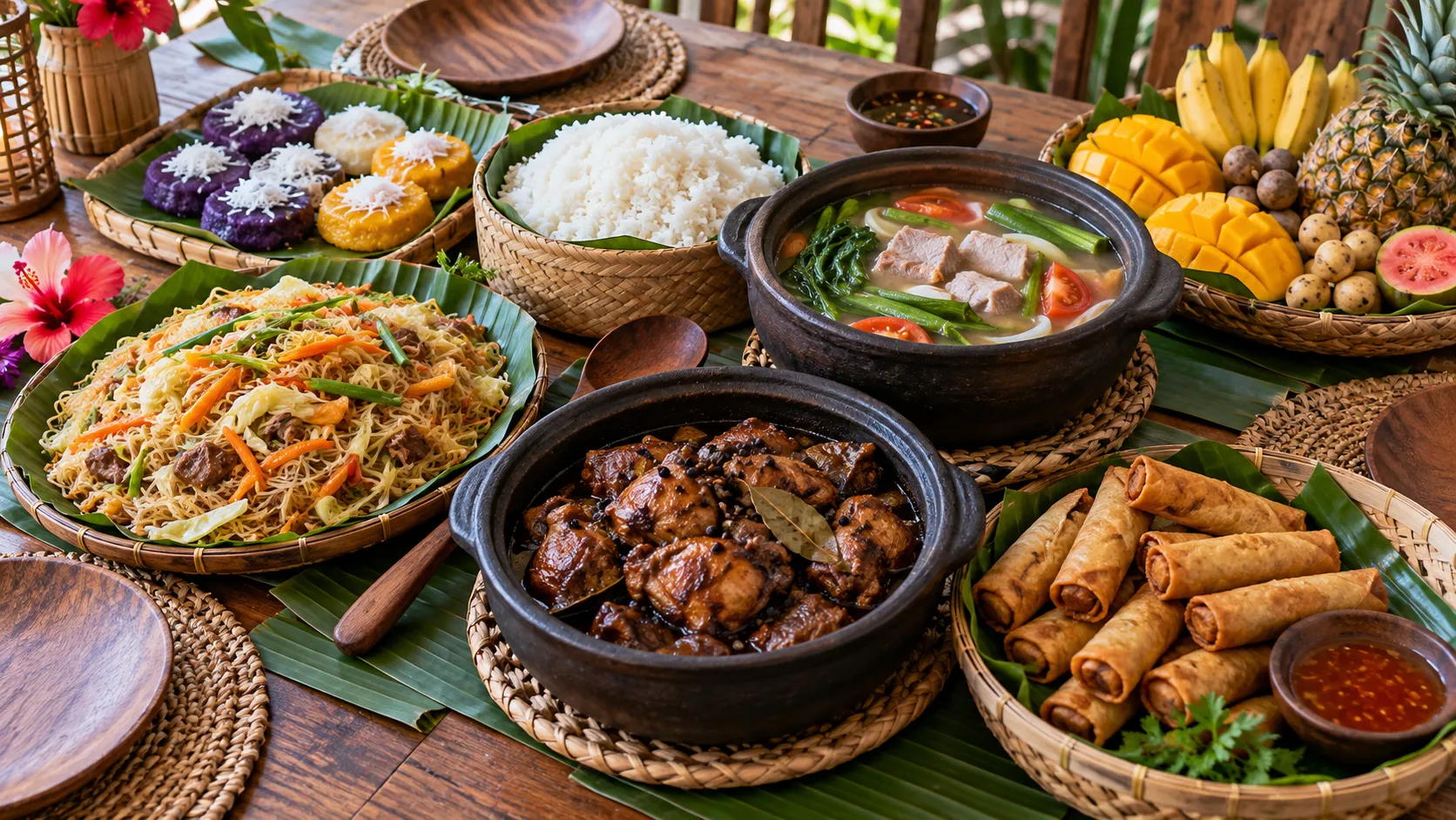 Filipino feast with adobo, pancit, lumpia, sinigang, rice cakes, and tropical fruit