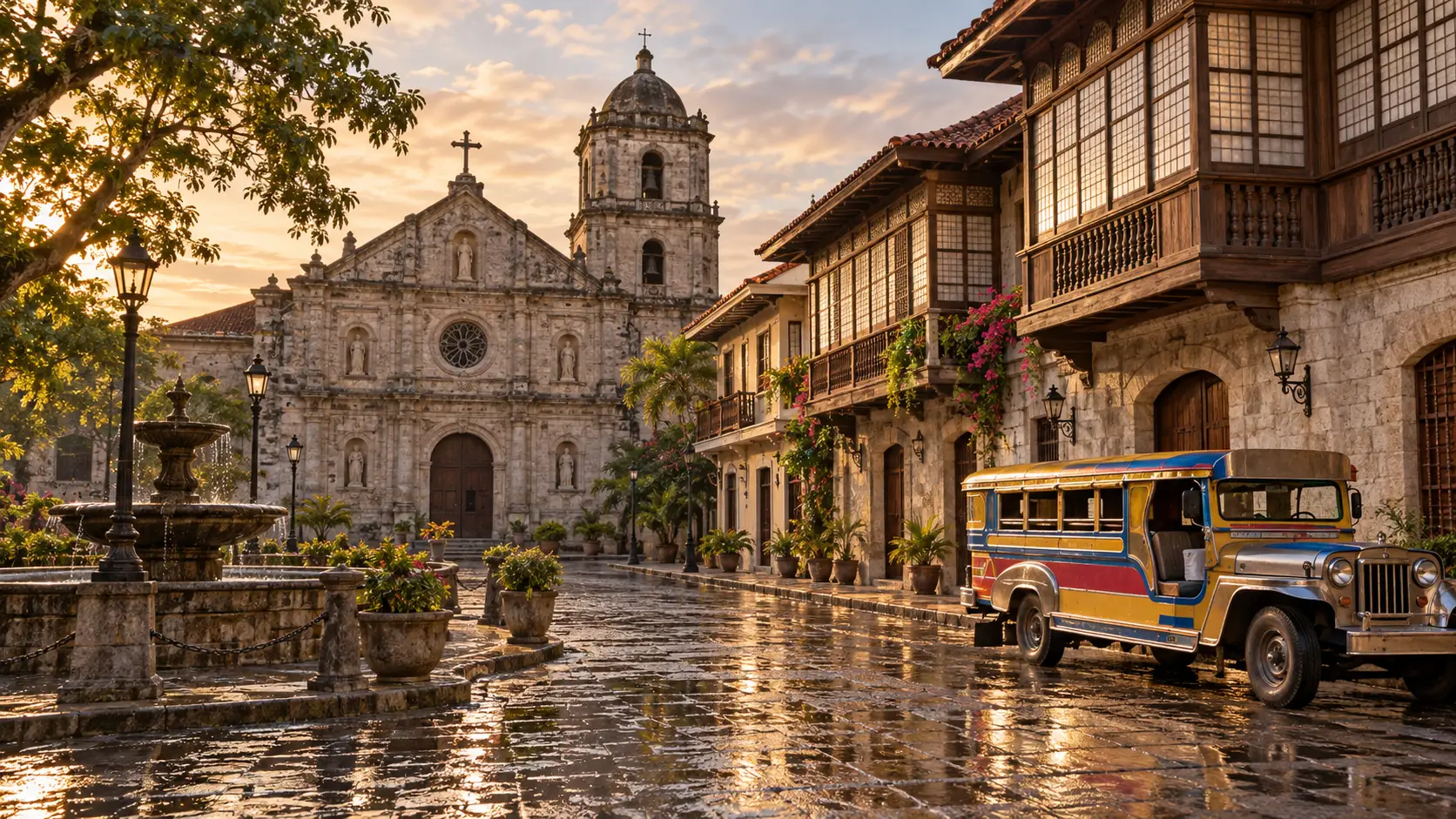 Philippine heritage street with stone church, capiz-window houses, and colorful jeepney
