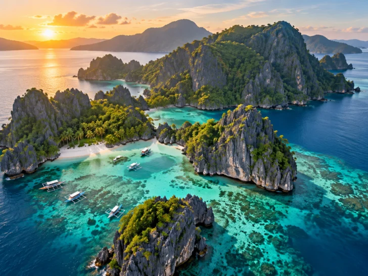 Aerial Philippine archipelago with limestone cliffs, lagoons, beaches, and outrigger boats