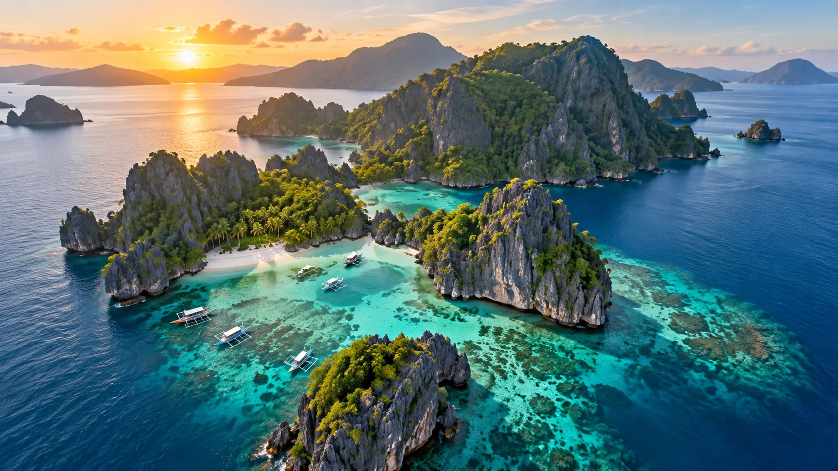 Aerial Philippine archipelago with limestone cliffs, lagoons, beaches, and outrigger boats