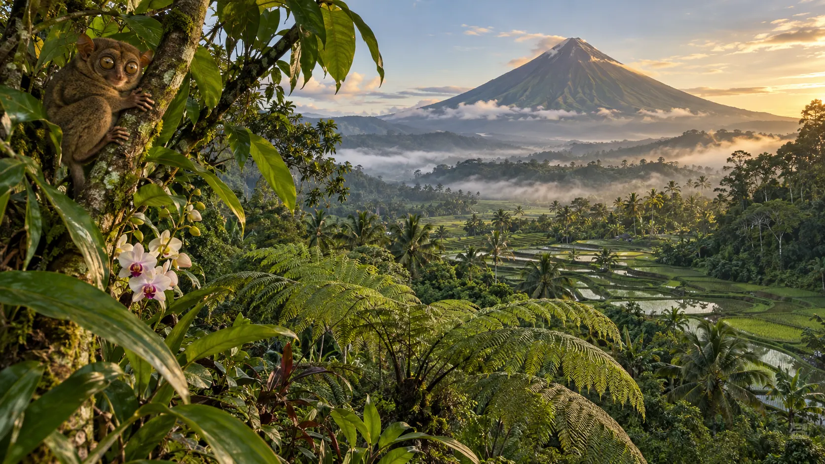 Philippine volcano beyond rice terraces with tarsier, giant fern, and orchid