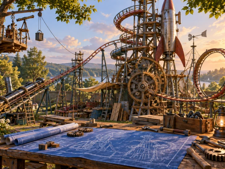 An enormous whimsical backyard invention under construction