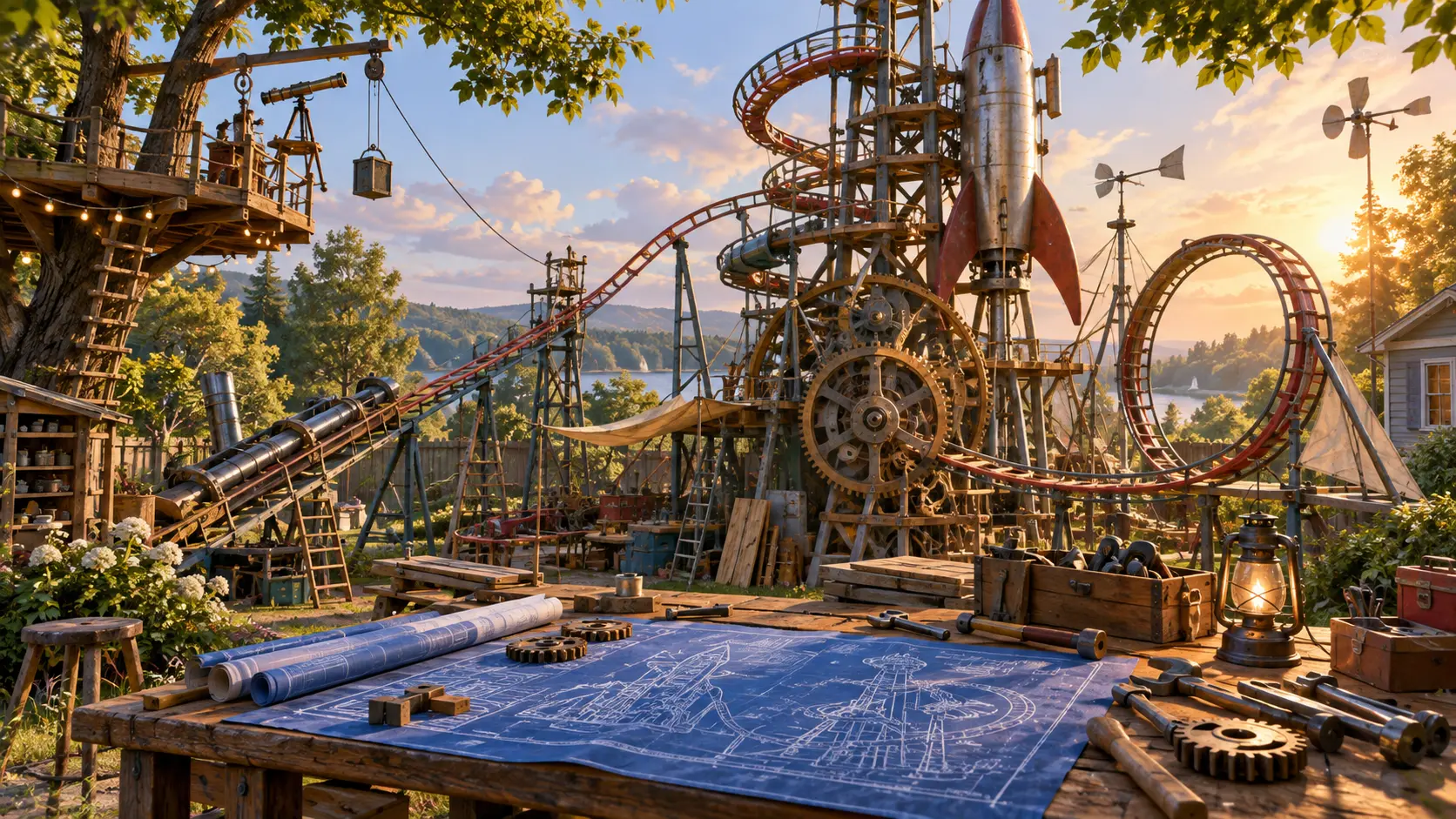 An enormous whimsical backyard invention under construction