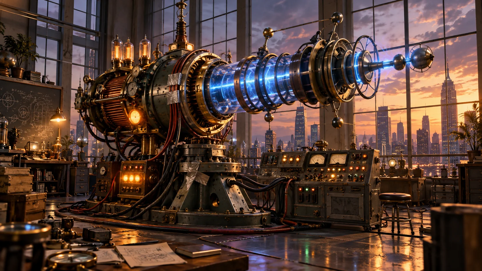 A comically elaborate ray machine in a tower laboratory