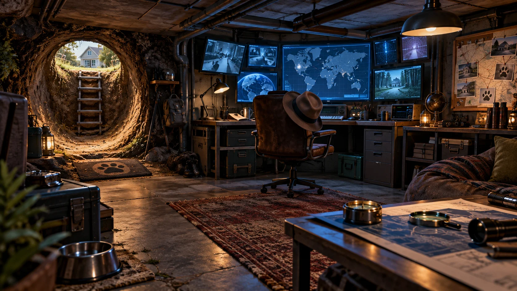 A hidden animal-agent lair beneath a suburban house