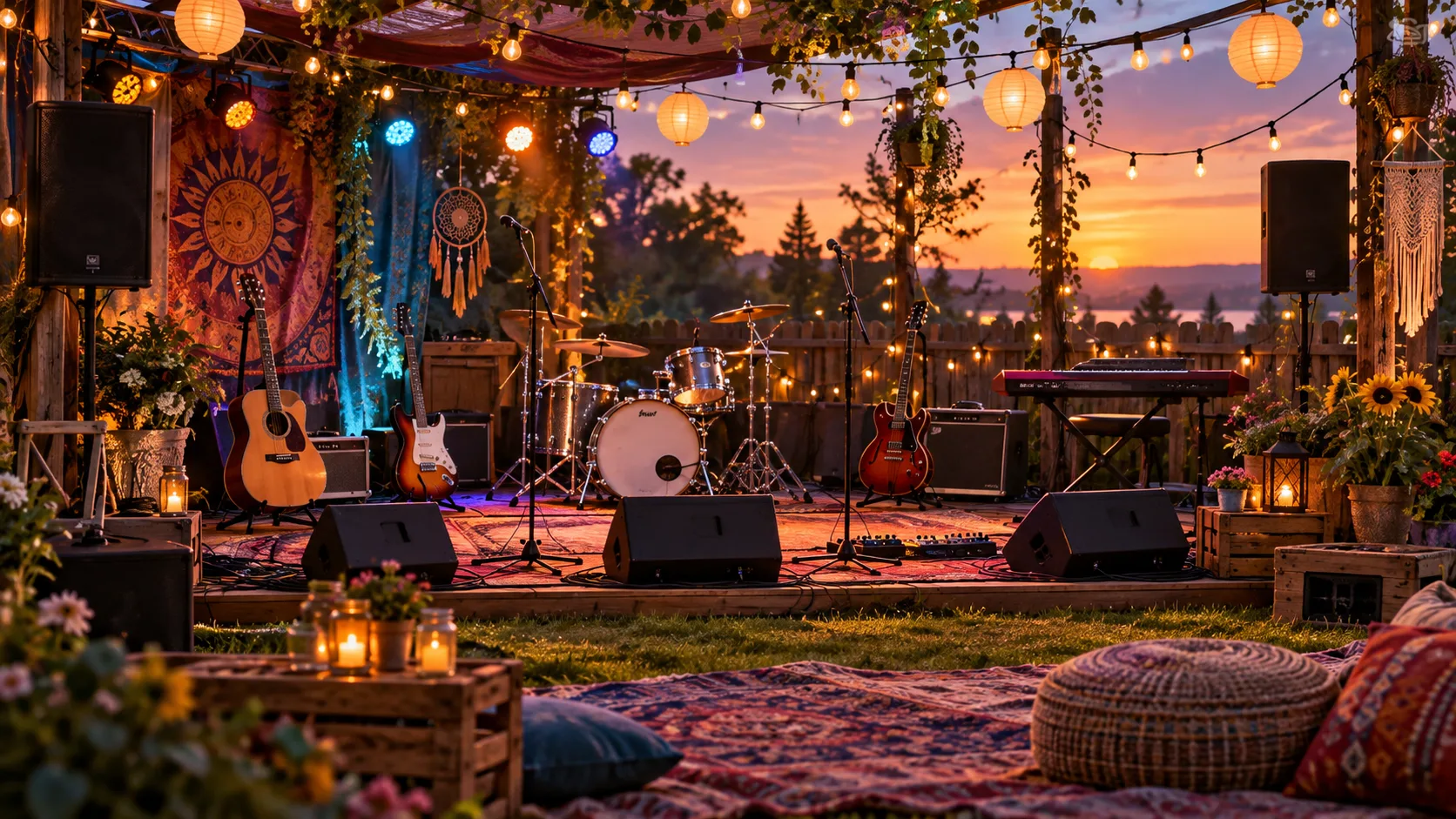 A backyard summer concert stage filled with instruments
