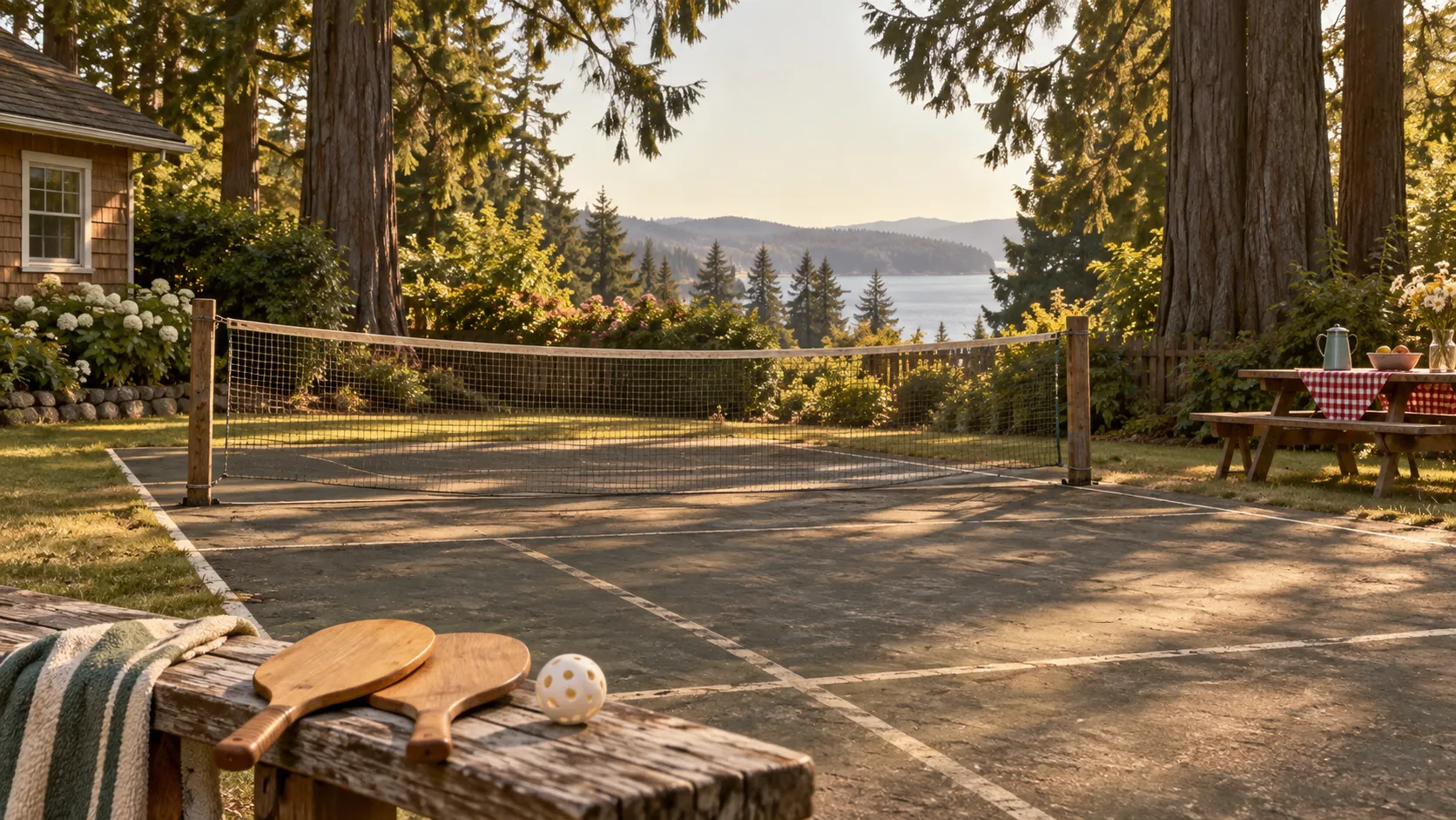 1960s backyard court with improvised net, wooden paddles, and perforated ball