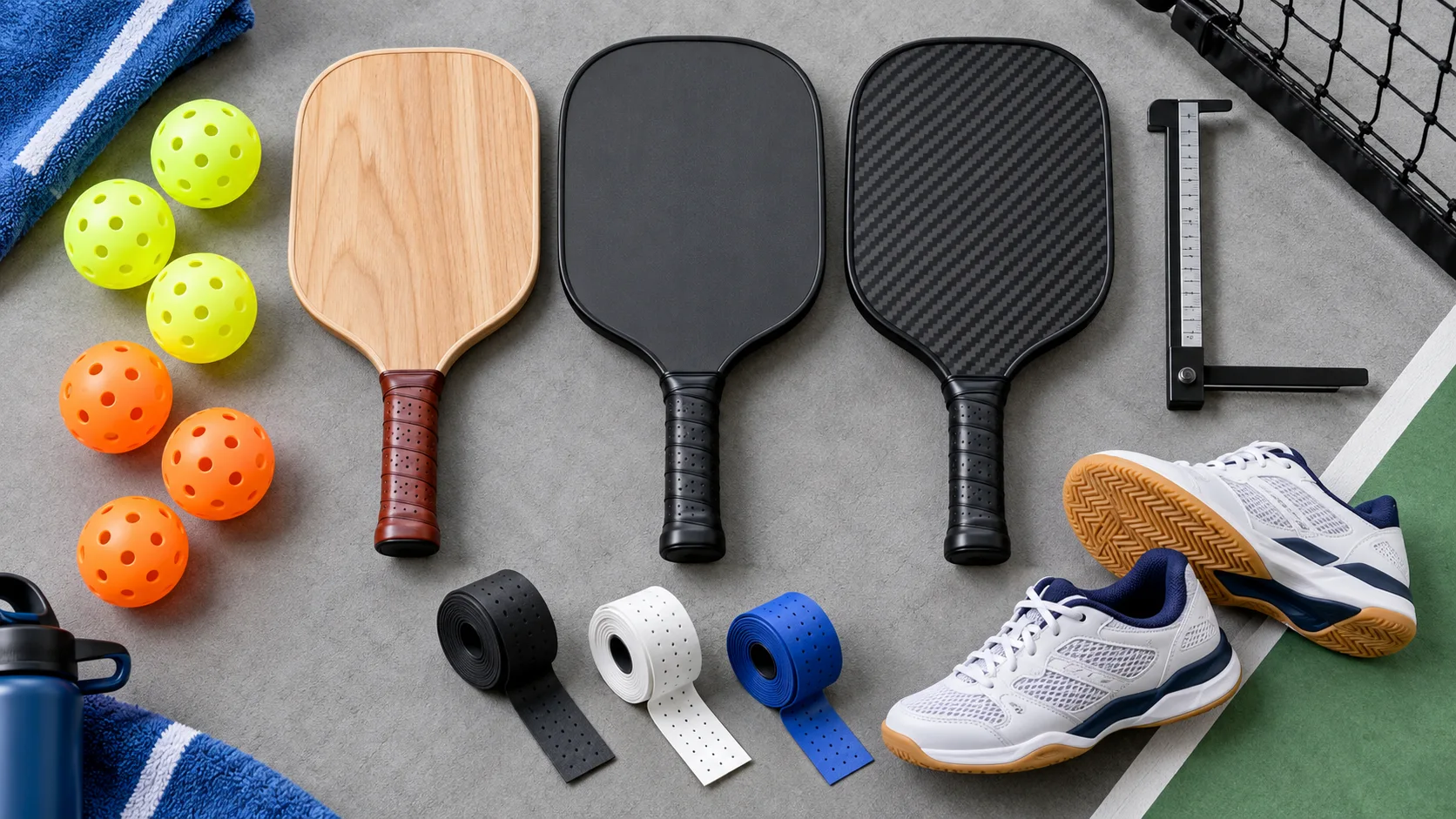 Pickleball equipment study with varied paddles, indoor and outdoor balls, grip tape, and shoes