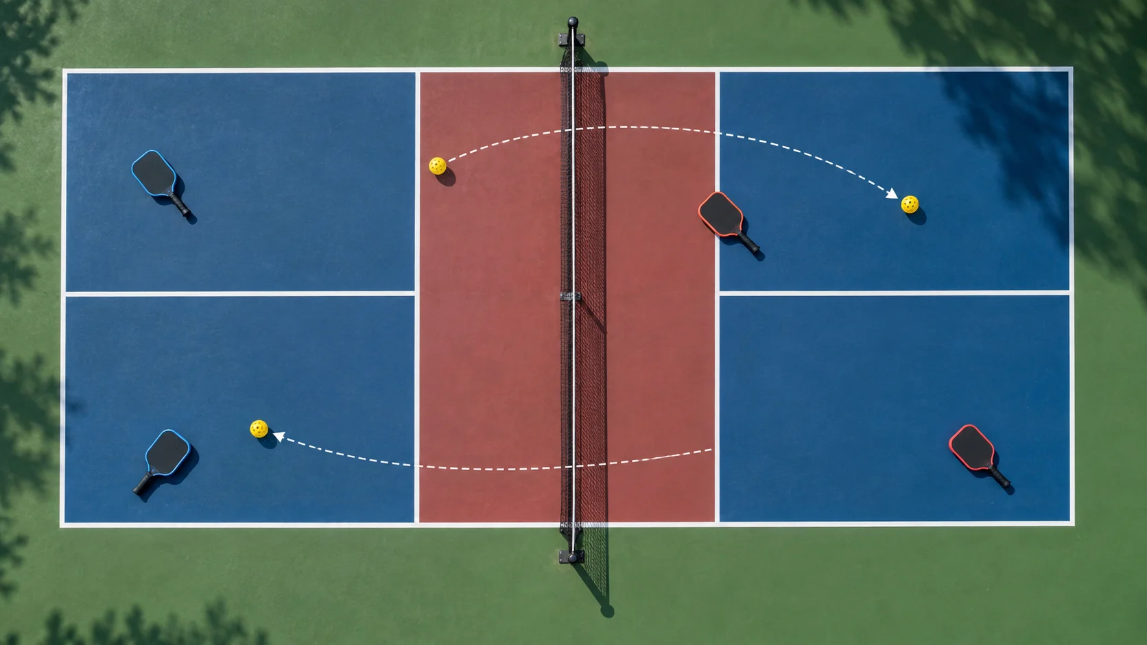Overhead pickleball court with highlighted non-volley zone and dotted ball paths