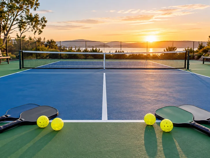 Outdoor pickleball court at sunrise with net, paddles, balls, and benches