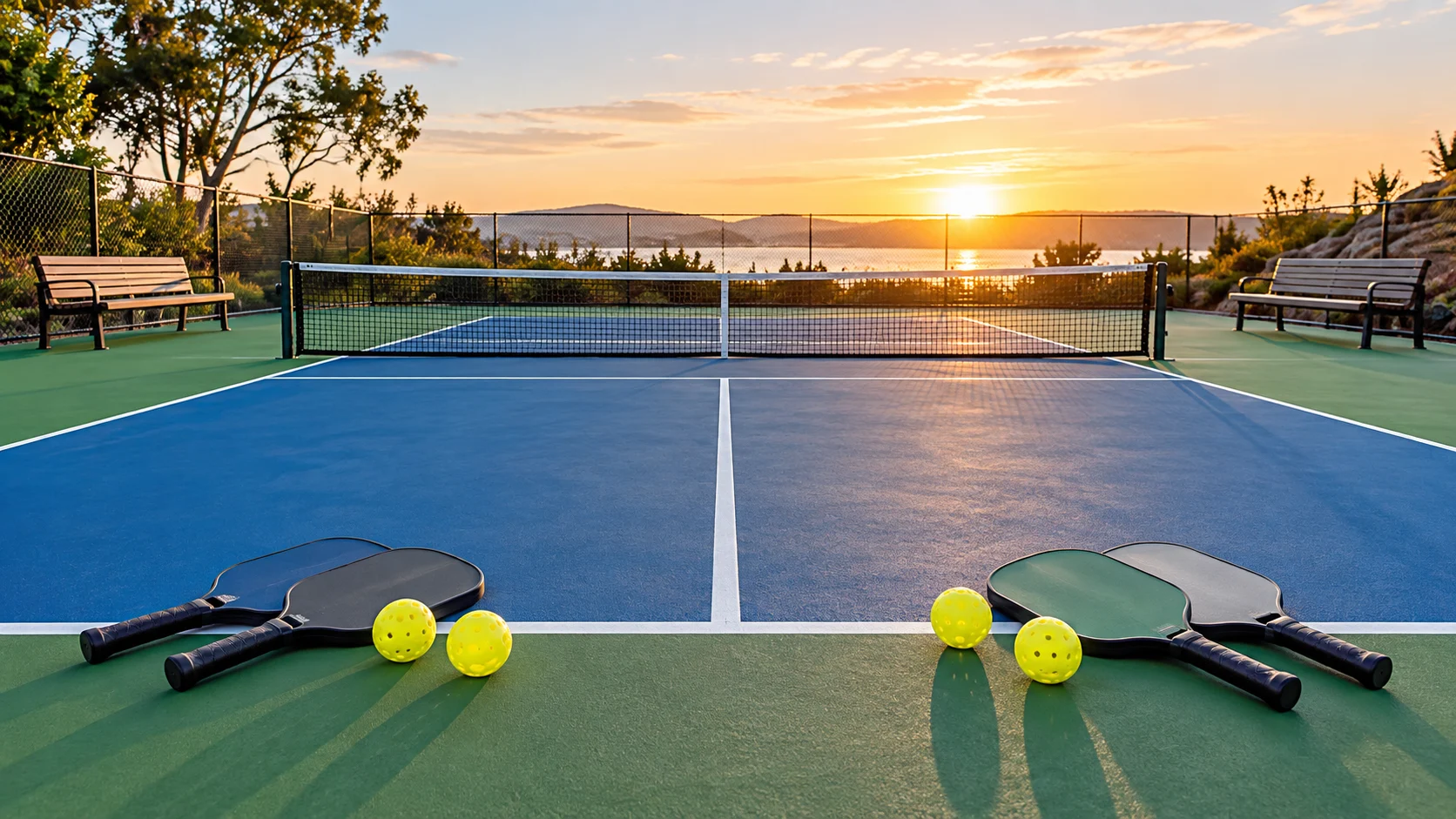 Outdoor pickleball court at sunrise with net, paddles, balls, and benches