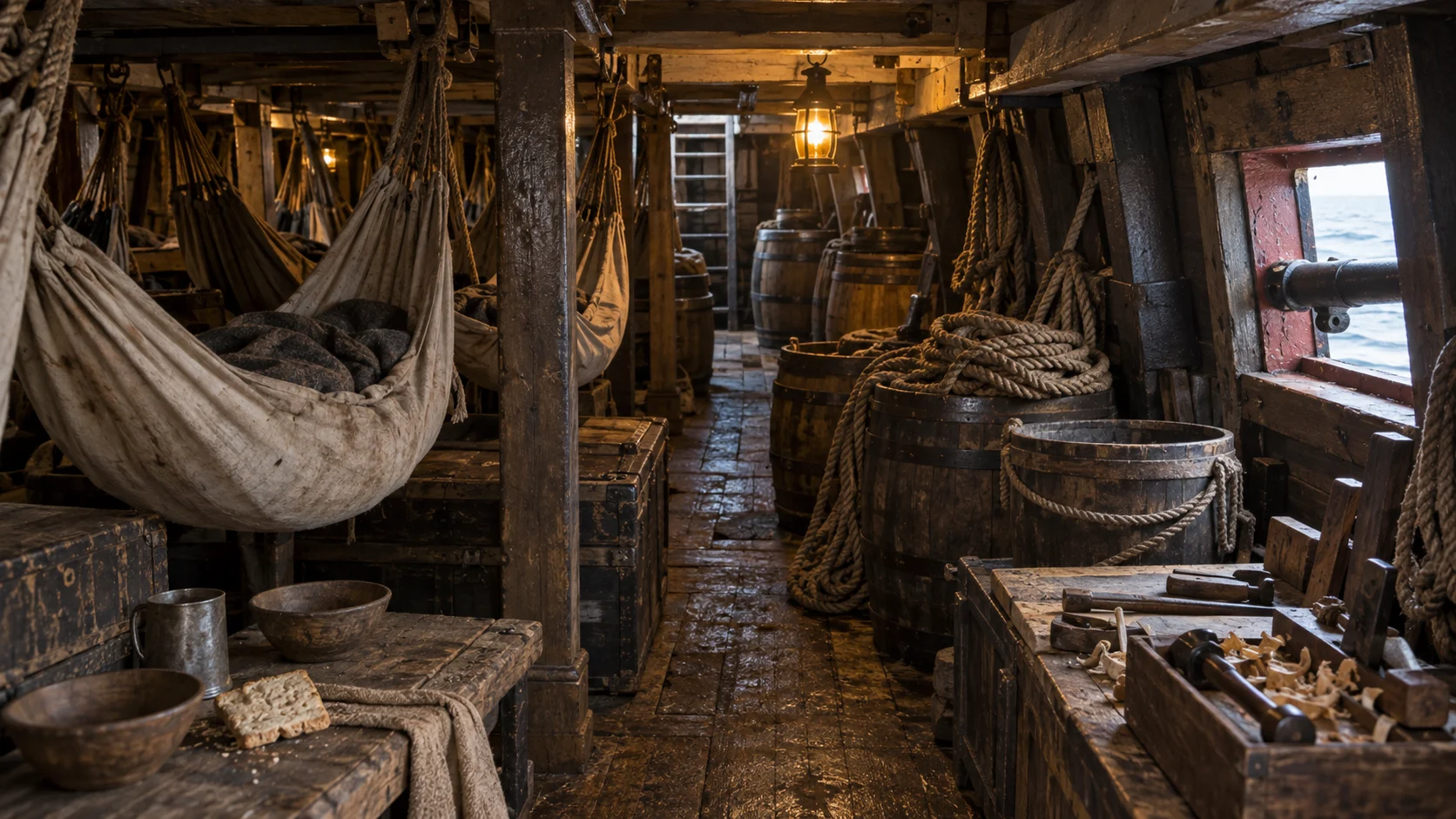 Cramped wooden sloop deck with hammocks, casks, bowls, rope, ship biscuit, and carpentry tools