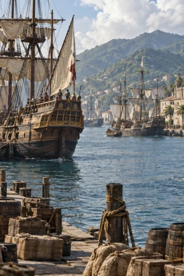 Busy 17th-century Caribbean harbor with merchant ships, an armed sloop, warehouses, and cargo