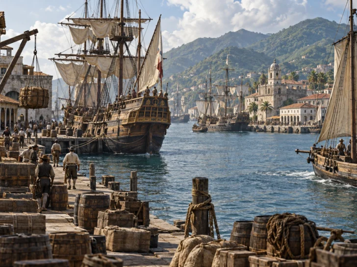 Busy 17th-century Caribbean harbor with merchant ships, an armed sloop, warehouses, and cargo