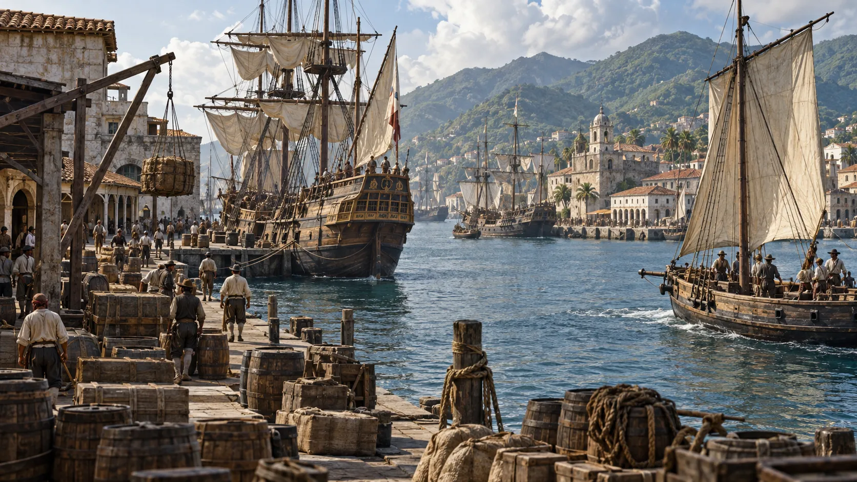 Busy 17th-century Caribbean harbor with merchant ships, an armed sloop, warehouses, and cargo