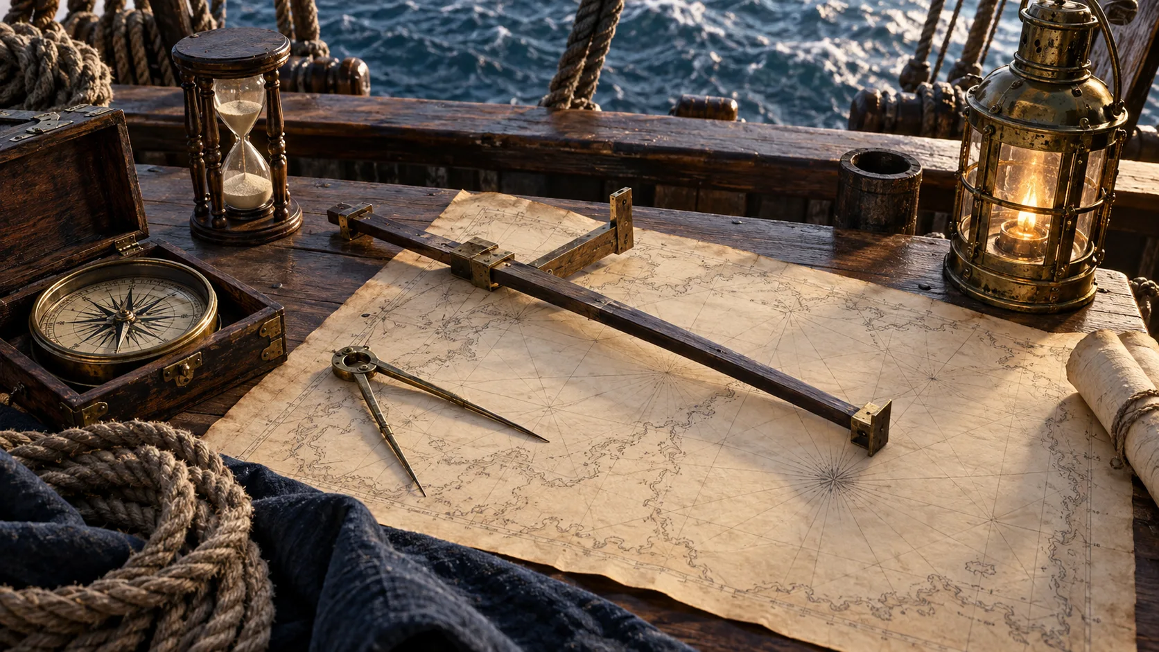 Compass, cross-staff, dividers, sandglass, rope, chart, and lantern on a wooden ship's table