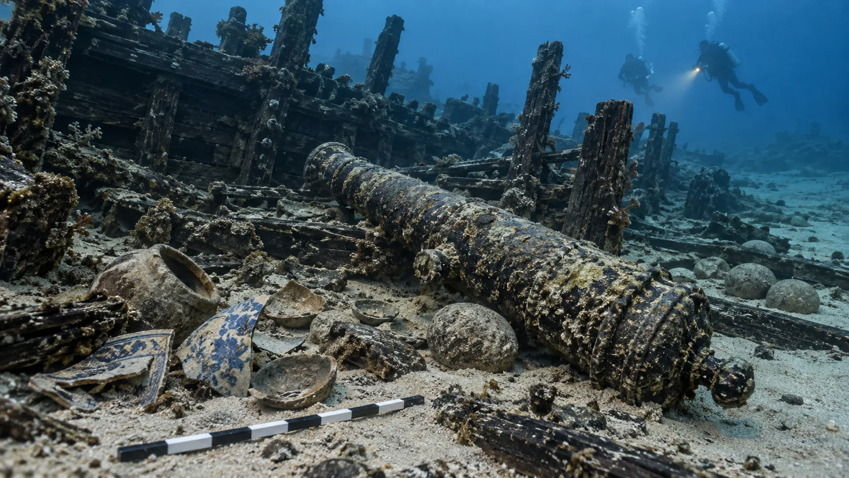 Research divers documenting an early-18th-century shipwreck with cannon and ceramic fragments