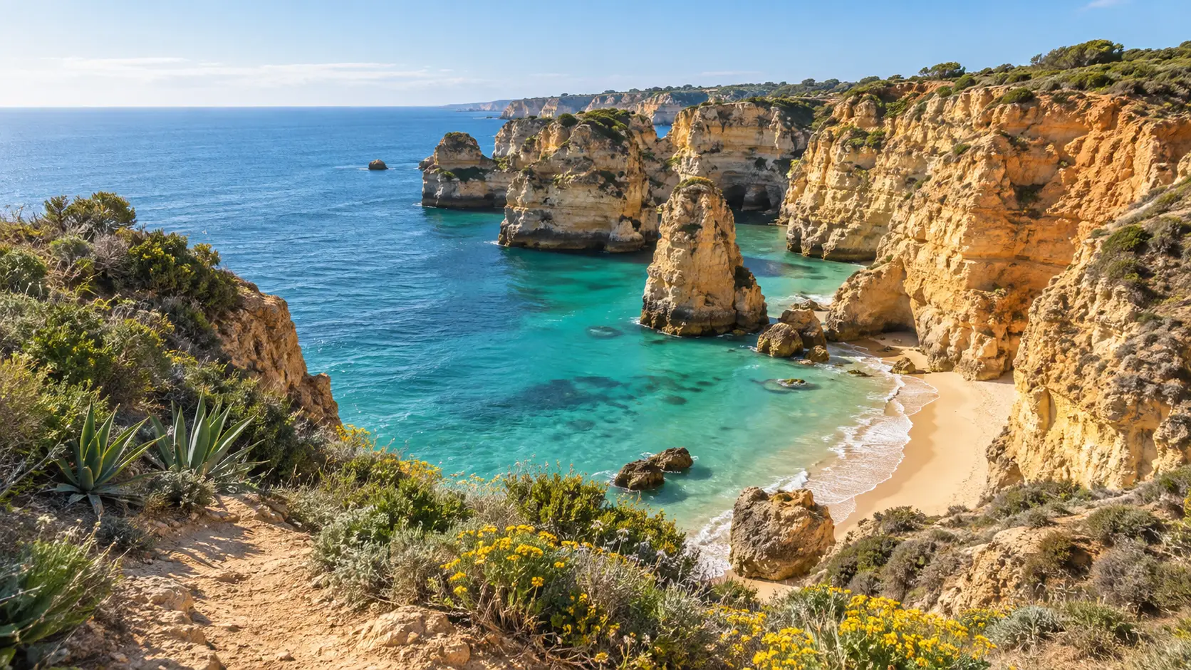 Golden limestone cliffs surrounding a turquoise cove on the Algarve coast