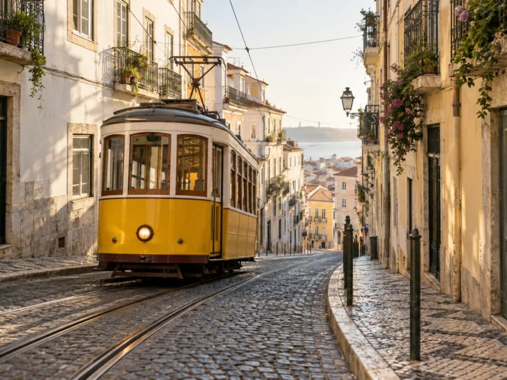 Yellow tram climbing a cobbled street through Lisbon's historic Alfama district