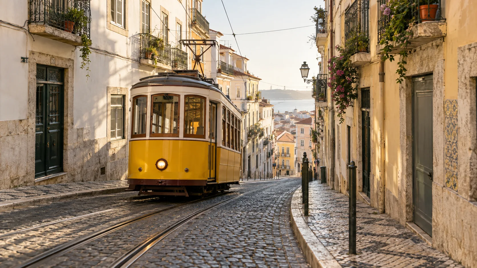 Yellow tram climbing a cobbled street through Lisbon's historic Alfama district