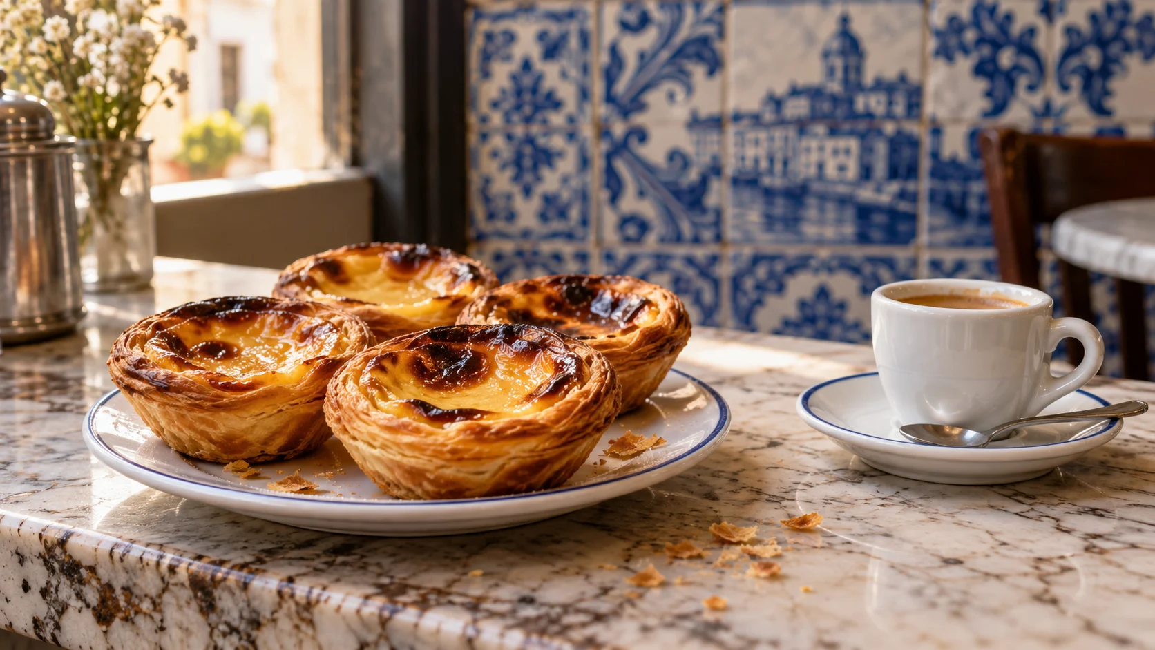Past&eacute;is de nata and espresso on a marble counter in a tiled Portuguese caf&eacute;