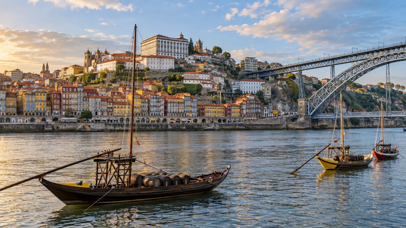 Porto's colorful Ribeira waterfront and Dom Lu&iacute;s I Bridge across the Douro