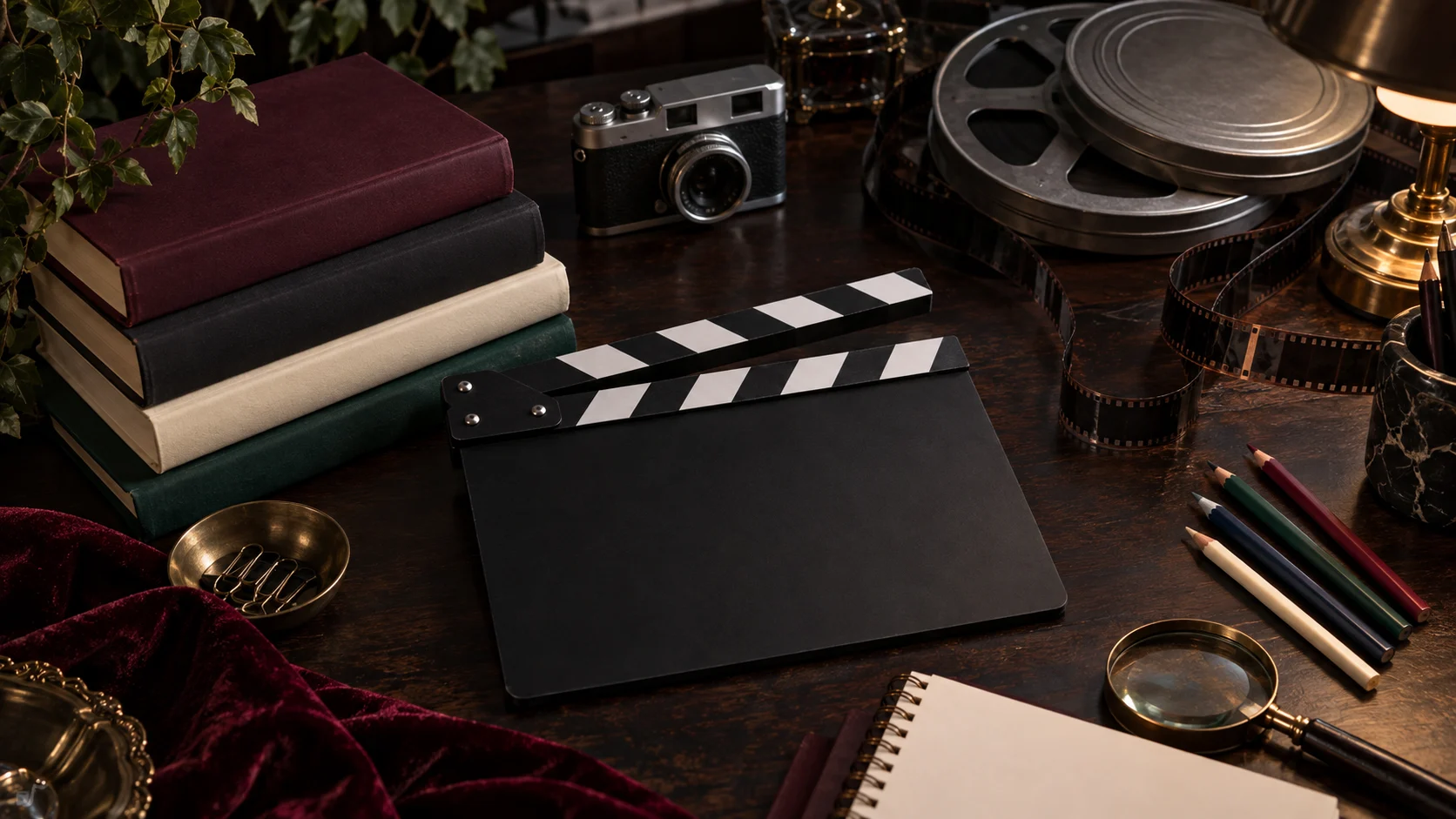 Blank clapperboard, mystery novels, film reels, vintage camera, and colored pencils on a production desk