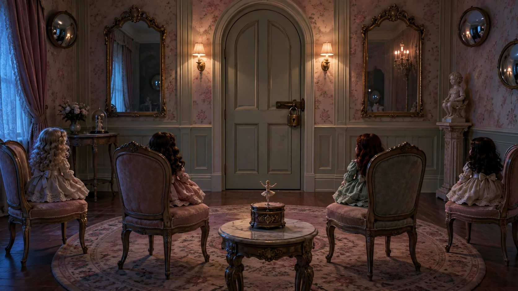 Locked pastel dollhouse room with four vintage dolls, mirrors, and a music box