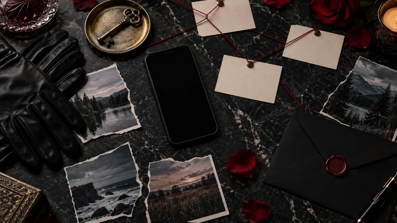 Black gloves, blank smartphone, landscape photos, red thread, key, and sealed envelope on a mystery desk