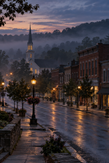Misty Pennsylvania small-town main street and church steeple at twilight