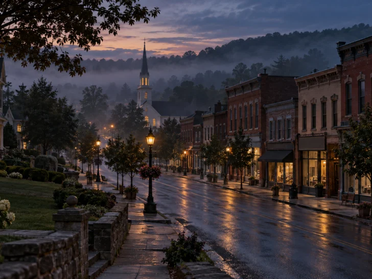 Misty Pennsylvania small-town main street and church steeple at twilight
