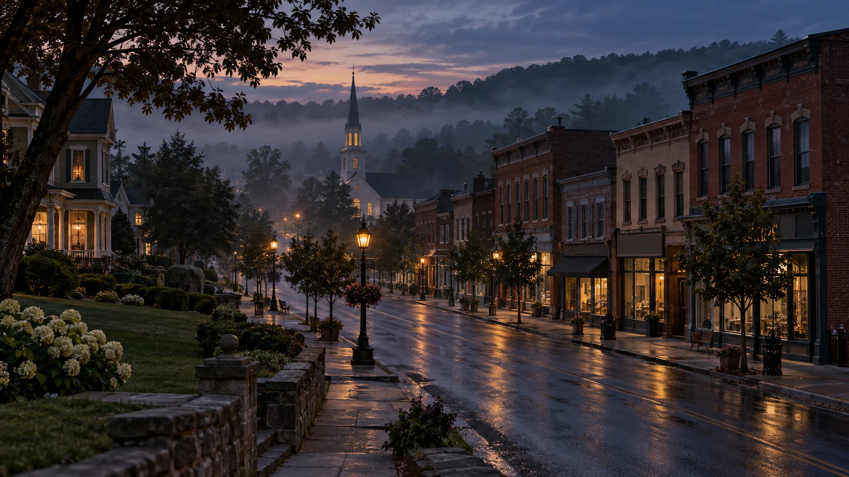 Misty Pennsylvania small-town main street and church steeple at twilight