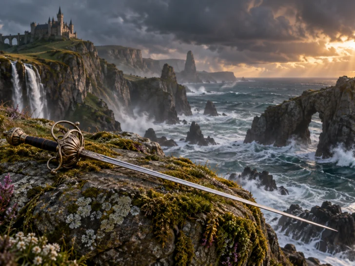 Slender rapier resting above stormy fairy-tale coastal cliffs