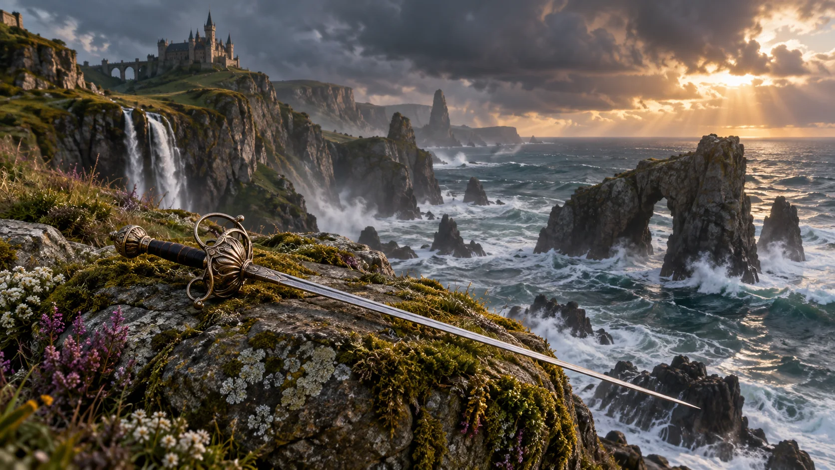 Slender rapier resting above stormy fairy-tale coastal cliffs