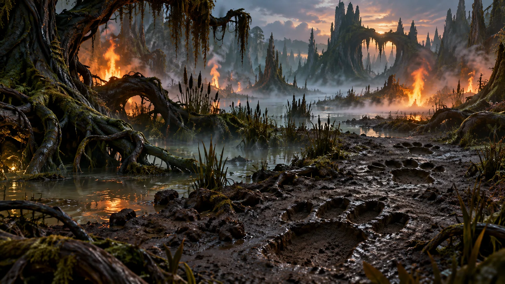 Enchanted swamp with flames twisted roots mist and giant tracks