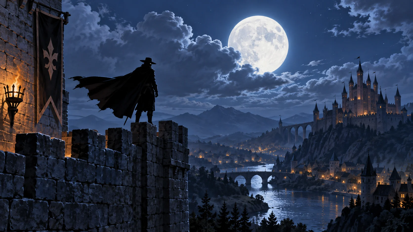 Anonymous masked storybook hero silhouetted on a moonlit castle wall