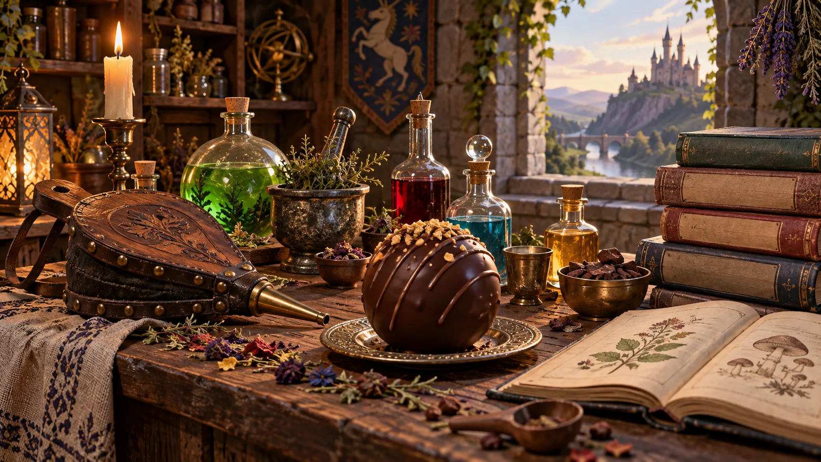 Whimsical medieval apothecary table with potions books and bellows