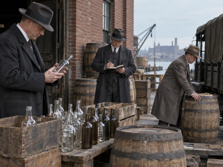 Prohibition agents inventorying barrels and bottles at a warehouse dock