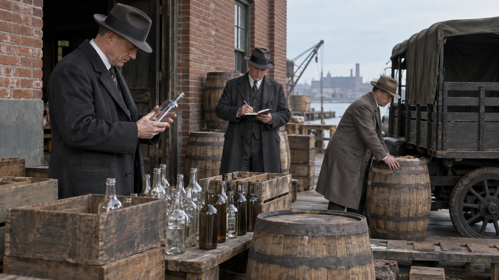 Prohibition agents inventorying barrels and bottles at a warehouse dock