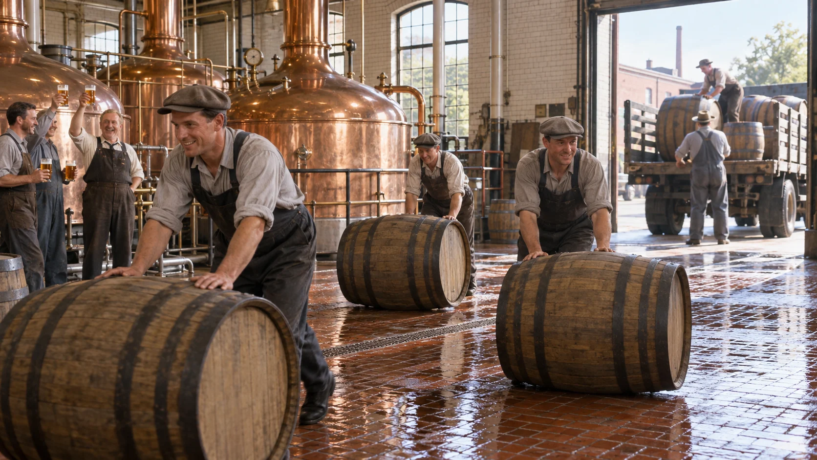 Brewery workers rolling wooden barrels after Prohibition was repealed