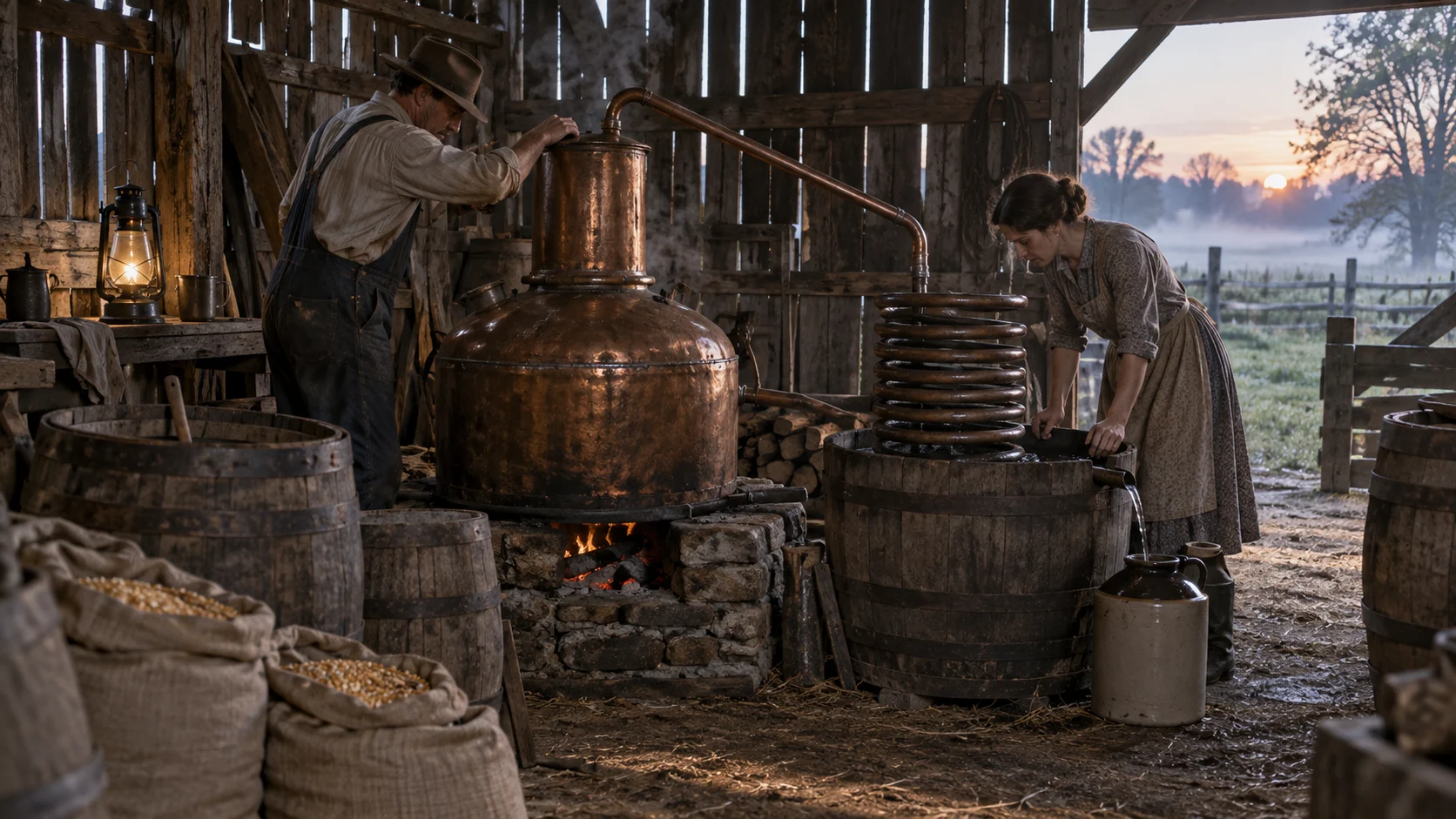 Two people tending a concealed copper moonshine still during Prohibition